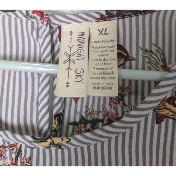 Midnight Sky Floral Sleeveless Blouse Striped Floral Birds XL Ruffle Cap Sleeve - Picture 6 of 9